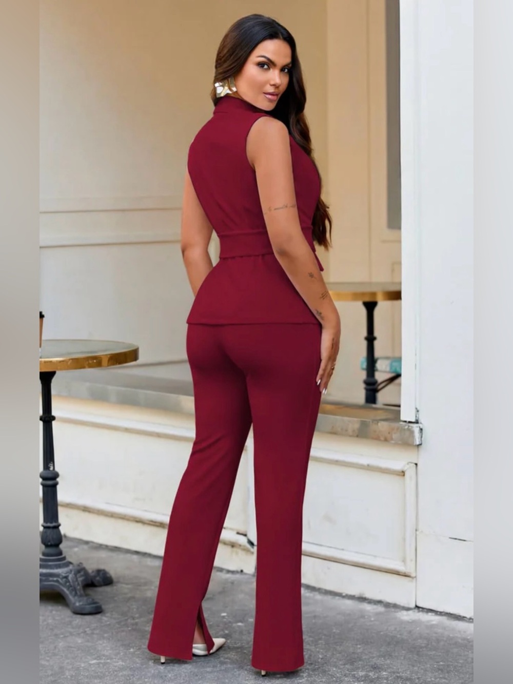 Sleeveless V-Neck Burgundy Tailored 2 piece set - Picture 3 of 3